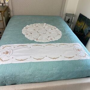 Vtg Tablecloth and Runner crochet embroidered cross stitch